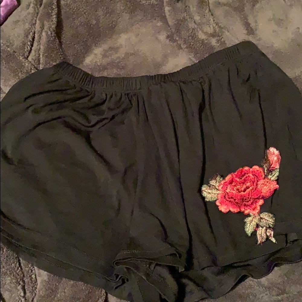 Black Embroidered Rose Shorts